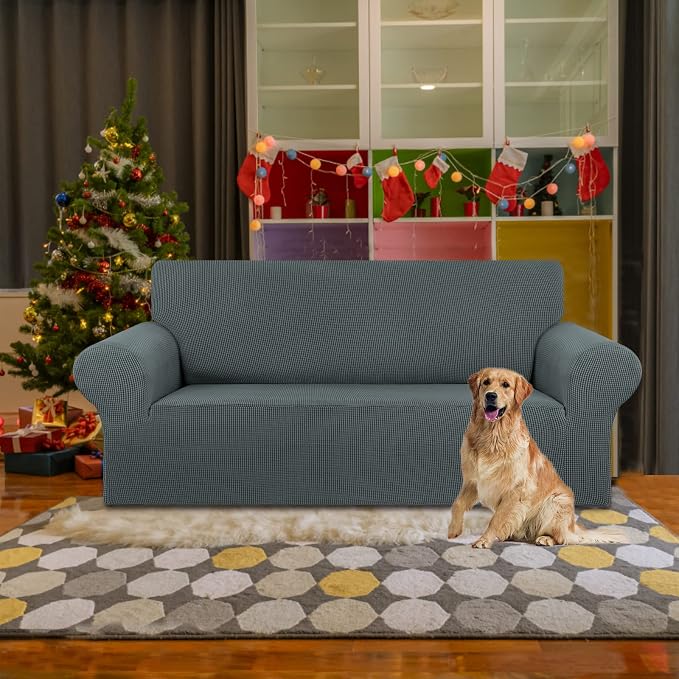 KEKUOU Stretch Loveseat Couch Cover, 2 Cushion Couch Slipcover,Grey | 1-Piece Washable Sofa Cover Pet Friendly (55"-78") Furniture Protector Soft Jacquard, Elastic Bottom for Dogs & Kids - Image 2