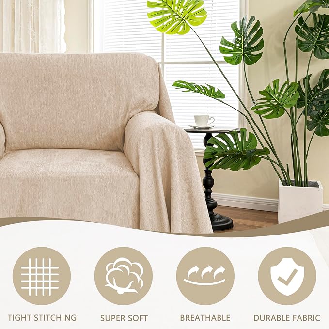 MYSKY HOME Oversized Armchair Couch Cover for 1 Cushion Couch, Chair Couch Covers with Tassel, Washable Sofa Protector, Sofa Covers Sofa Throws Sofa Slipcovers Futon Cover for Pet, Kid, 71"X91", Khaki - Image 2