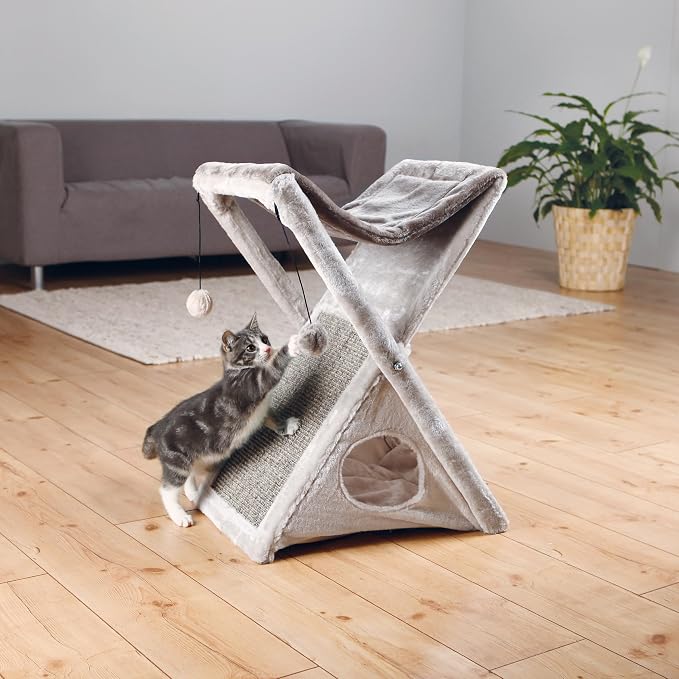 TRIXIE Miguel Fold and Store Cat Hammock, Indoor Cat Furniture with Dangling Toys, Scratching Pad, and Cave, Taupe/Light Gray - Image 2