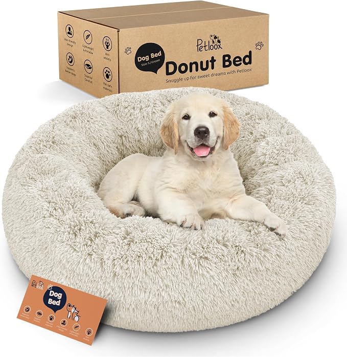 Donut Dog Bed - Premium Comfort for Anxiety Relief - Fluffy & Calming Design with Ultra-Plush Support | Cozy Round Dog Bed with Super Soft Circle Style (Cream, Small) by Petloox