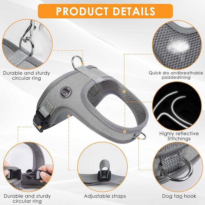 Dog Harness and Leash Set, No Pull Saddle Style Pet Harness, Breathable Mesh Adjustable Reflective Dog Vest for Medium Small Dogs Harness 2 D-Rings, Grey, XS - Image 2