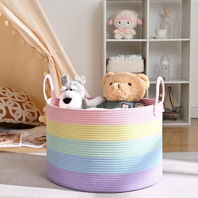 67L Large Rainbow Blanket Basket, Cotton Rope Baby Laundry Hamper with Handles, Kids Toy Basket for Classroom & Nursery, Soft Round Stuffed Animal Storage, Dog Toy Bin - 20"x13", Light Rainbow - Image 2