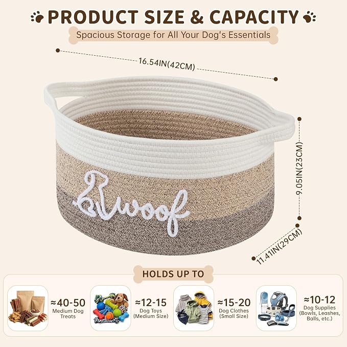 OIAHOMY 22L Large Dog Toy Basket, 16.5"x11.4"x9" Cotton Rope Basket with Cute Woof Embroidery, Soft Woven Pet Toy Box with Handles for Blankets, Leashes & Puppy Accessories, Decorative Organizer Brown - Image 3