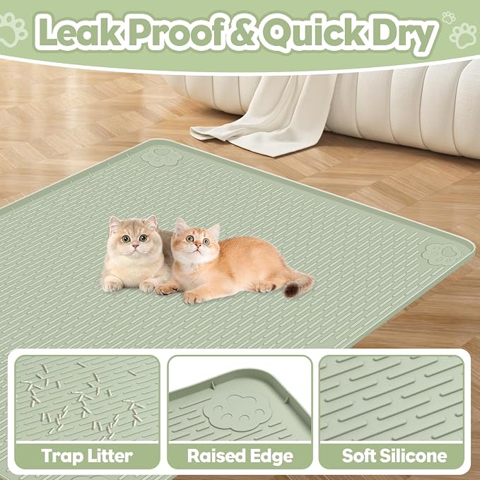 Kalolary Cat Litter Box Mats, Large 34" x 22" Silicone Cat Mat | Easy to Clean Kitty Litter Trapping Mat, Soft on Kitty Paws, Waterproof, Urine-Proof Kittys Litter Mats for Floor, Green - Image 3