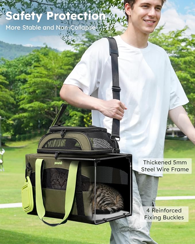 Pecute Cat Carrier,Top Expandable Dog Crate for Travel, Green | 5mm Anti-Collapse Steel Frame, Soft Mesh, Vet Visits, Foldable Travel Crate,Outdoor Hammock, Leakproof Pee Pad & Bowl - Image 2