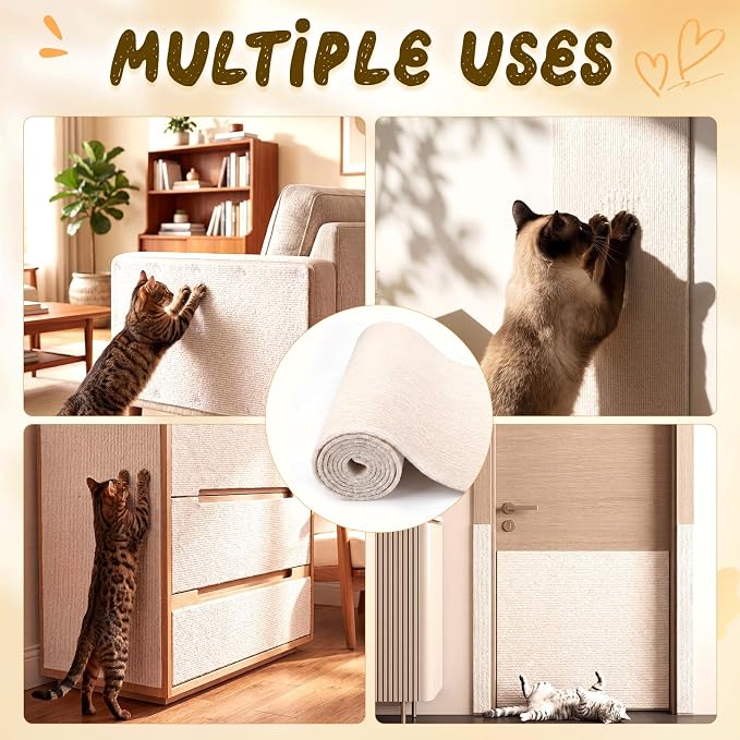 Shinylin 2 Pack Cat Scratch Mat 78.7"x15.8", Beige | Self-Adhesive Trimmable Cat Scratching Carpet, DIY Cat Scratch Pad for Couch Sofa Wall Cats Tree, Durable Furniture Protector - Image 4