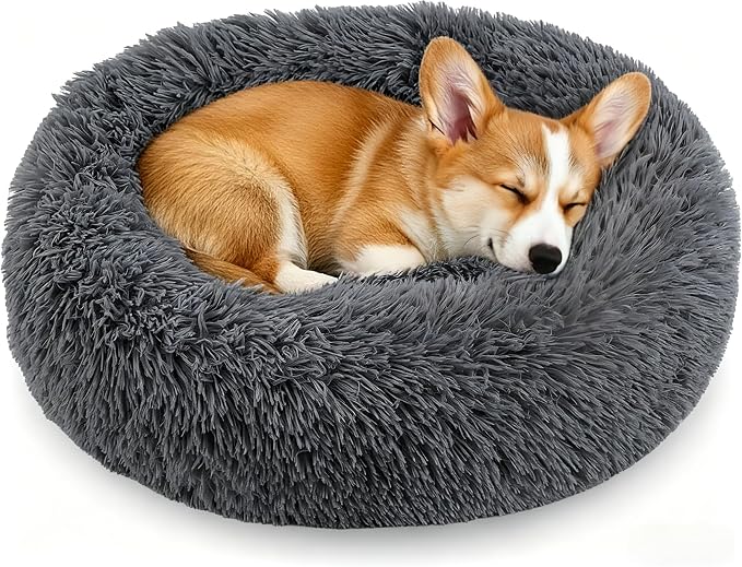 Calming Donut Dog and Cat Bed for Indoor Cats, Anti-Anxiety Round Fluffy Soft Washable Small Pet Bed for Puppy and Kitten, Warming Comfortable Luxury Anti-Slip Waterproof Mute Base 20in Dark Gray by Homeuslynn