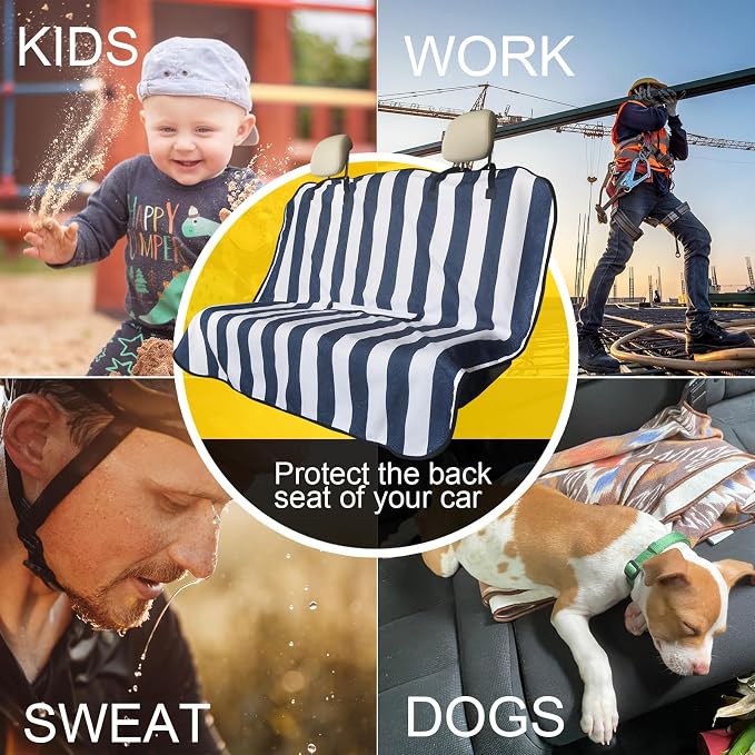 Back Seat Cover for Car Trucks Van SUV Jeep,Waterproof Rear Bench Towel Seat Covers for Dogs and Kids,Automotive Backseat Protector (Blue Stripe) - Image 6