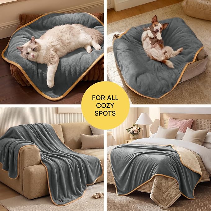 Luciphia Waterproof Pet Blanket, Washable Reversible Sherpa Fleece Throw | Liquid-proof furniture protector for bed and couch, soft reversible sherpa fleece for dogs, cats grey, QUEEN - Image 5