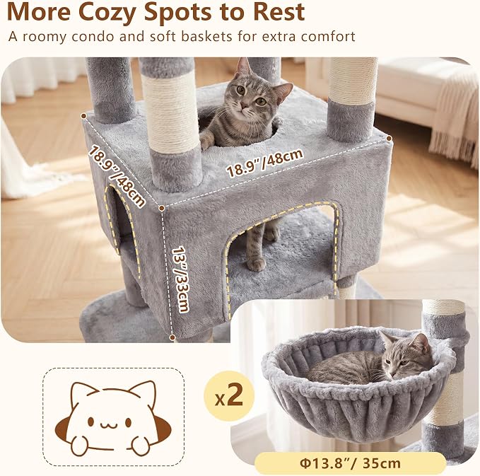 Heybly Cat Tree, 82.7″ Extra Tall Cat Tower for Large Cats Adult HCT063W | Giant Cat Condo with Multi-Level Platforms, 2 Baskets, Spacious Cat Cave, Wide Sisal Scratching Board, Light Gray - Image 4