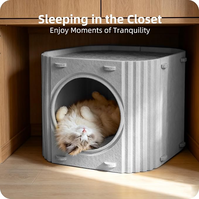 Cat House for Indoor Cats, Felt Cat Bed Cave, Scratch Resistant, Gray | Cat Hideaway Enclosed Bed, Thick Cat Bed Cave, Hideaway Cat Cave for Timid Cats, Sturdy Two-Tier Cat Condo & Cat Houses - Image 7