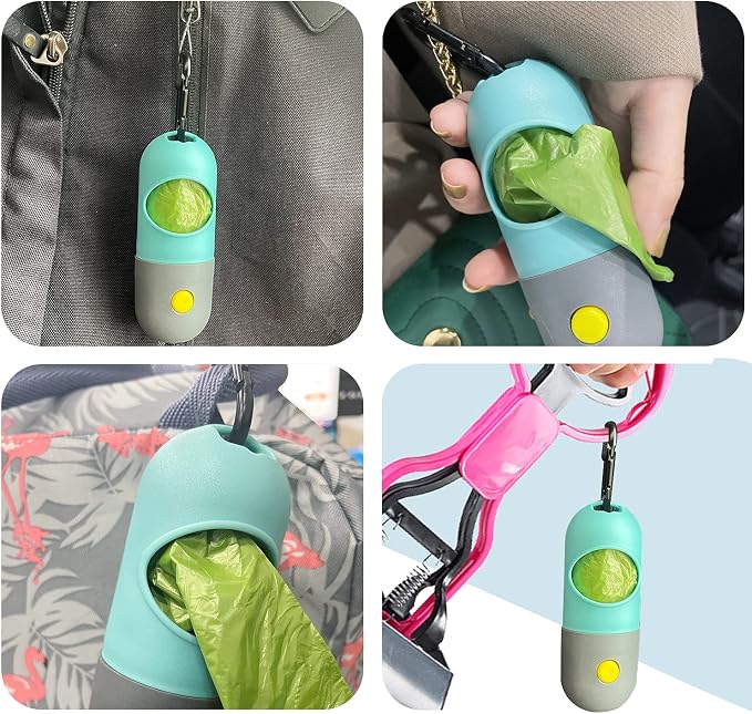2 Pack Dog Poop Bag Dispenser with Built-in LED Flashlight, Pet Waste Bag Holder for Leash with Carabiner Clip for Lead Leash, 2 Rolls Leak-proof Doggy Waste Bags for Dog Walking, Blue,Eliamo - Image 5