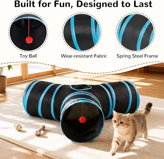 Tempcore Cat Tunnel for Indoor Cats, 3 Way Collapsible Pet Play Tunnel with Teaser Wand, Peek Holes & Hanging Ball, Interactive Tube for Kittens & Rabbits, Black & Blue Medium - Image 5