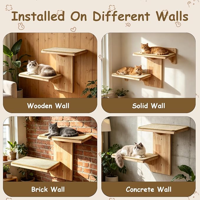 2-Tier Cat Wall Shelves, Wood Cat Wall Furniture with Sisal Mat | Sturdy and Stable Pine Wood Holds up to 30lbs | All Hardware for Easy Install | Ideal for Indoor Cats to Scratch, Play & Nap - Image 5