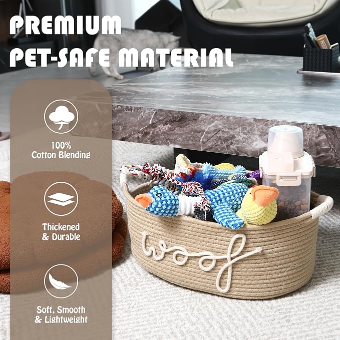 Sea Team Dog Toy Storage Basket with Handles, Beige Woof | Large Cotton Rope Storage Bin, Shelf Basket, Organizer for Pet Chew Toys, Foods, 16.5 x 11 x 7 Inches, 4.4 Gallons - Image 4