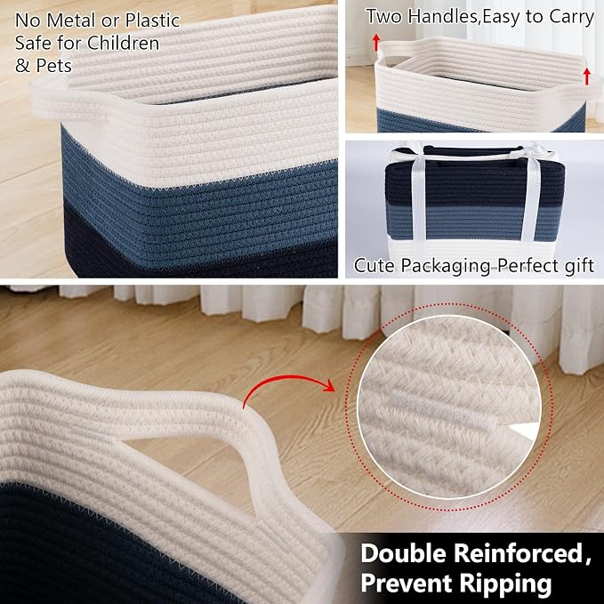 OIAHOMY Storage Basket, Woven Baskets for Storage, Cotton Rope Basket for toys,Towel Baskets for Bathroom - Pack of 3, Gradient Blue - Image 4