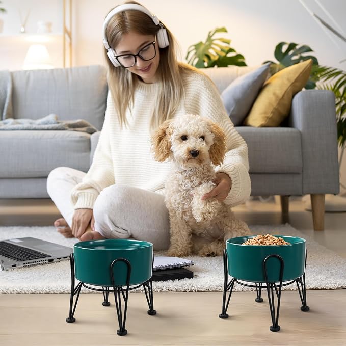 Elevated Dog Bowls, Ceramic Raised Dog Bowl Set with Anti-Slip and Non-Tip Metal Stand, 2 Pack Pet Food and Water Feeding Bowls for Small and Medium Dogs (Green,3.6 Cups) - Image 6