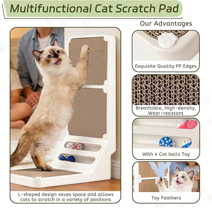 Cat Scratcher Cat Scratch Pad L Shape Wall Mounted Dual Use (Vert/Horiz) Kitten Bunifa Scratching Card Board Vertical Post with Ball Toys Feathers,Protecting Furniture Core is Replaceable Large White - Image 3