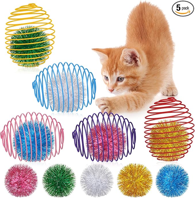 Jecery 5 Pcs Cat Toys Spring,Glitter Balls,Multicolor | Interactive Metal Cat Toy, Stretchable Rolling Ball, for Indoor Cats, Colorful Playful Coils, Kitten Pet Supplies by Jecery