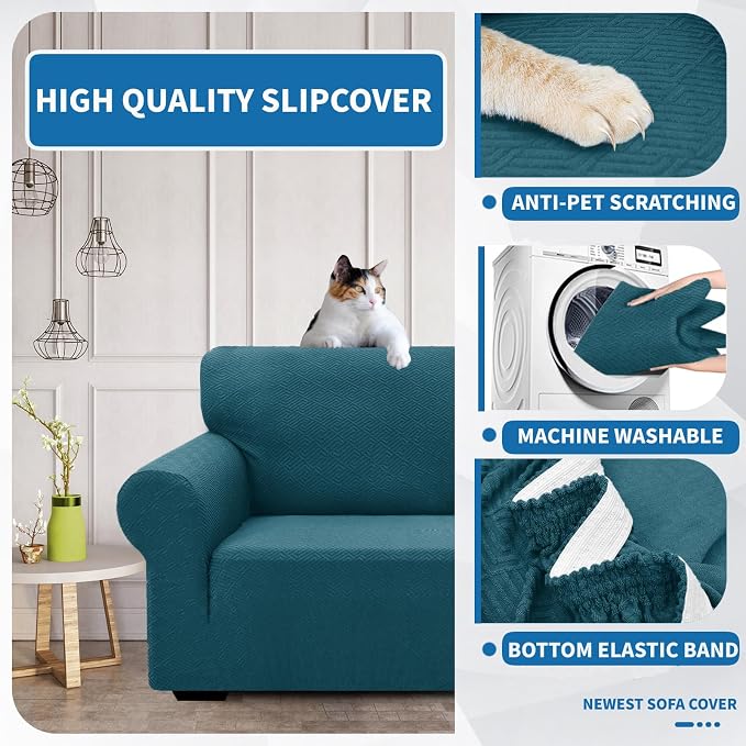 XINEAGE Stretch Jacquard Sofa Cover, Non Slip Sofa Slipcover for Dog | High-Stretch Fabric. Wear-Resistant, Pet Friendly. Easy Install & Washable for Living Rooms, Offices.Peacock Blue - Image 6