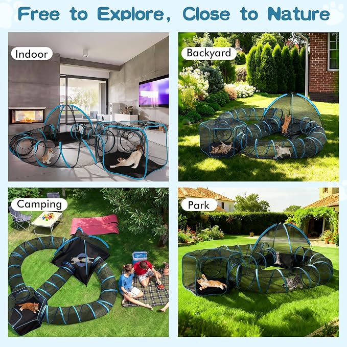 5-in-1 Outdoor Cat Enclosure, Portable Catio Tent with Tunnel | 2 Rooms & 3 Tunnels, Breathable Mesh, Carry Bag, Interactive Toys, Multi-Entry Doors, Indoor & Outdoor Use for Small pets - Image 7