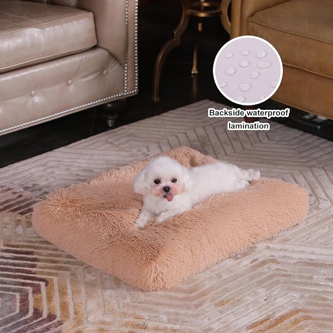Bedfolks Waterproof Dog Crate Bed,Plush Dog Bed with Removable Washable Cover,Faux Fur Dog Crate Pad for Small Dogs and Cats,Fluffy Dog Kennel Bed 21"x13",Solid Camel - Image 2