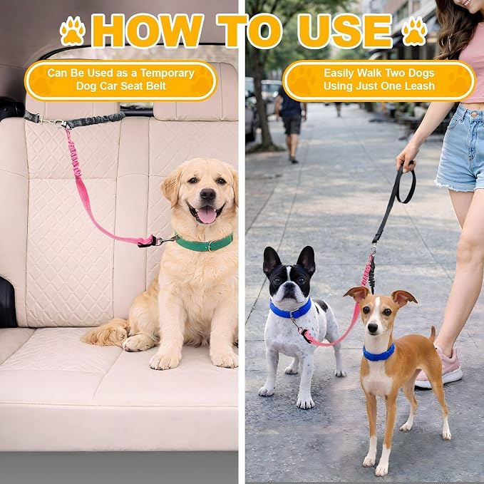 Double Dog Leash for Two Dogs, Professional No Tangle 360° Swivel Coupler with Shock Absorbing Bungee, Adjustable Length Dual-Sided Reflective Two Dogs Lead Splitter for Small Medium Large Dog - Image 5