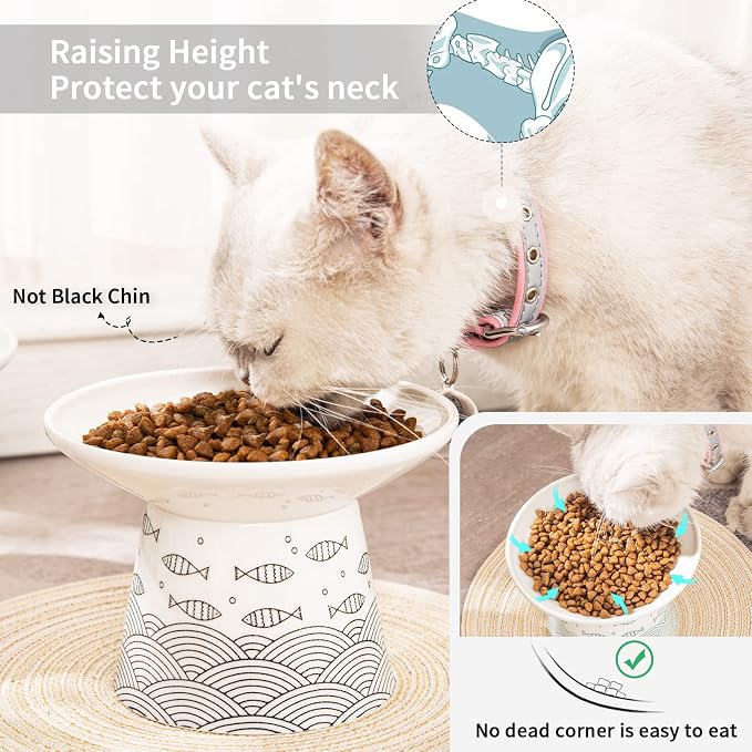 6.25 Inch Extra Wide Ceramic Raised Cat Bowls, 2 Packs | Shallow, Elevated Pet Bowl Dish Set, for Food & Water, Whisker Fatigue, Stress Free, Protect Spine, Black & Green Fish - Image 4