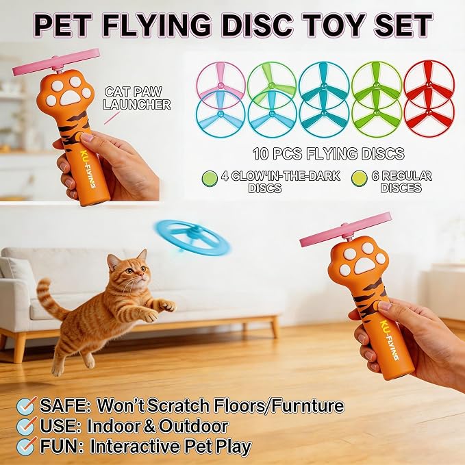 Cat Toy Disc Launcher,Rechargeable Interactive Cat Fetch Toy with 10 Discs | Cat Toys for Indoor Cats,Flying Cat Enrichment Toys for Adult Kittens Dog Playing,Hunting Tracking Toys for Outdoor Indoor - Image 6