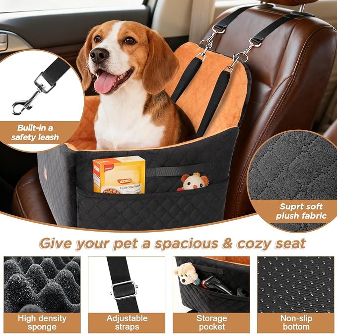 Dog Car Seat for Small/Medium Dogs Up to 35lbs, Puppy Car Seat with Thick Cushion, Detachable Washable Dog Carseat with Storage Pockets, 2 Safety Belts (Brown) - Image 6