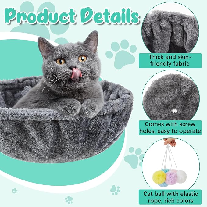 Dansydaisy 3 Pack 13" Large Cat Tree Hammock Basket Bed Lounger Tower Replacement Parts with 6 Pcs Hanging Elastic Strings Pom Pom Toys, Cat Tree Accessories Hammock Attachment (Gray) - Image 3