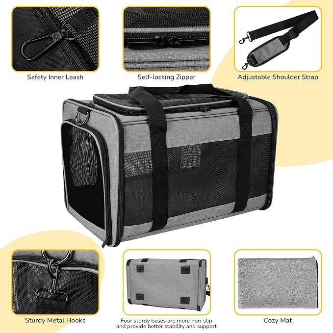 Hipubby Cat Carrier Dog Carrier for Pets Up to 16 Lbs, Soft-Sided Pet Travel Carrier for Cats and Small Dogs, Airline Approved Pet Carrying Case with Shoulder Strap & Removable Mat - Grey - Image 3