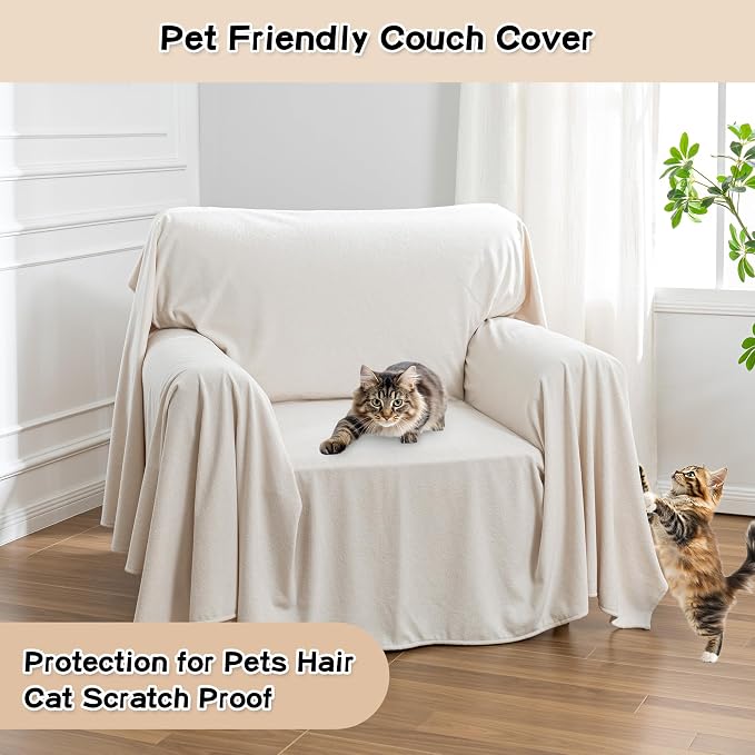 MEETSKY Chair Cover Cat Scratch Proof Recliner Chair Covers, Oversized Armchair Sofa Covers Washable Sofa Slipcover for Single Couch, Soft Small Couch Slipcover for Pets Dogs, 71" x 91", Creamy White - Image 2