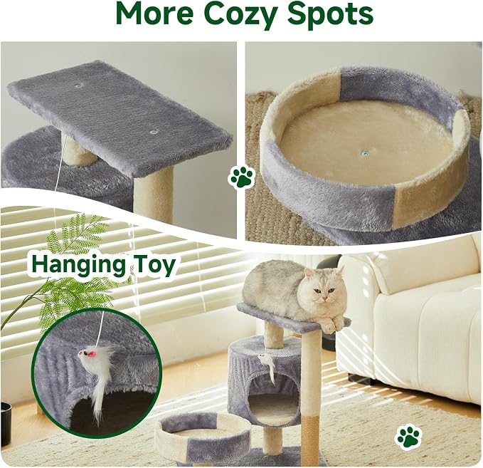 Cat Tree with Condo, Perch, and Scratching Posts, Gray and Beige, Multi-Level Tower with Hanging Toy - Image 7