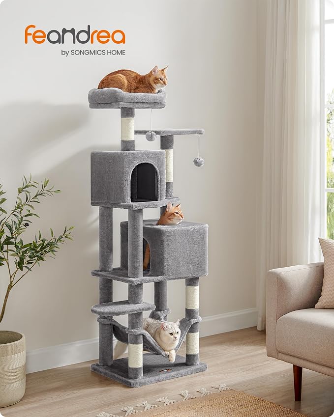Feandrea Cat Tree, 59.5-Inch Tall Cat Tower, Plush Multi-Level Condo with 5 Scratching Posts, 2 Perches, 2 Caves, Hammock, 2 Pompoms, Light Gray UPCT192W01 - Image 2