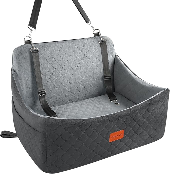 Wooaidagg Dog Car Seat for Medium & Large Dogs Up to 55lbs, Memory Foam Cushion, Washable Cover, Safety Straps & Non-Slip Base(Black/Grey,Large) by WOOAIDAGG