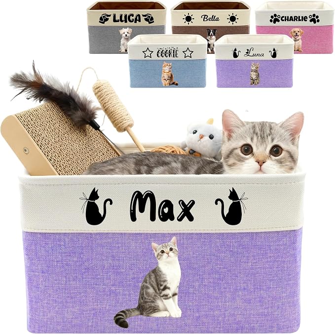 Customized Pet Toy Storage Basket - Personalized Dog & Cat Toy Organizer with Name, Foldable & Durable Fabric Bin for Pet Supplies, Organizer for Toys, Coats, Clothing, Blankets Purple by Unknown