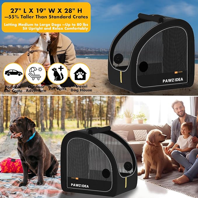 PAWZIDEA Portable Dog Crate for Car Travel, Medium & Large Dogs Up to 80lbs | Enclosed Soft-Sided Dog Car Kennel for Backseat, Secures w/ Seatbelt & Headrest Strap, Collapsible Car Carrier, Chew-Proof - Image 5