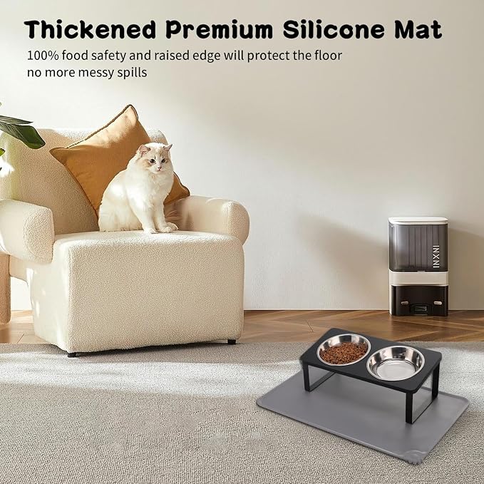 Summark Upgraded Elevated Cat Bowls with Food Mat,15°Tilted Stand Anti Vomiting Raised Cat Dishes for Food and Water,2 Stainless Steel Bowls for Cats and Puppy（Black） - Image 3