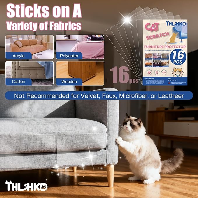 16PCS Cat Scratch Furniture Protector, Single Sided Couch Protectors Tape from Cats Claws Scratching, Transparent Sticky Sheets Proof Clawing Sofa Corner Protection Cover Anti Scratch for Furniture - Image 2