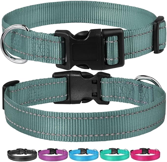 Reflective Dog Collar with Buckle Adjustable Safety Nylon Collars for Small Medium Large Dogs, Grey M | No Chafing on Walks and Outdoor Hikes, Metal D-Ring, Night Safety - Image 6