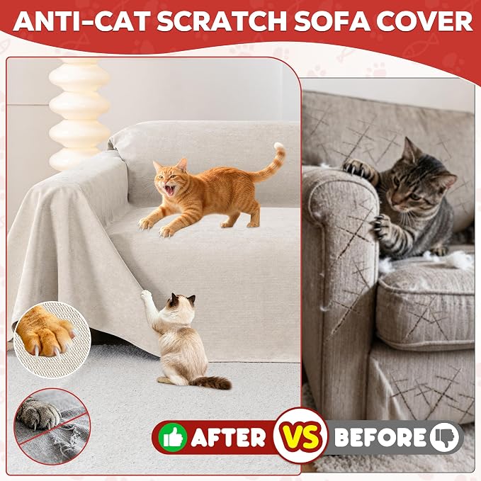 Loiion Cat Scratch Proof Furniture Protector Waterproof Sofa Cover 150"x71" | Pet-Friendly Couch Protector, Anti-Scratch & Anti-Slip Sofa Cover For Cats Dogs Kids, Machine Washable - Image 2