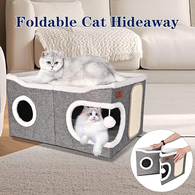 Extra Large Cat Beds for Indoor Cats, Covered Cat Cave Beds & Furniture with Scratch Pad and Fluffy Ball, Foldable Cat Condo Hideaway with Reversible Cushion for Multi Small Pet Large Kittens, Grey - Image 6
