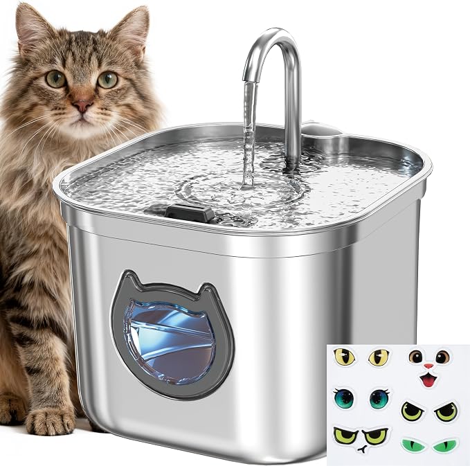 Homtyler Luxury Automatic Cat Water Fountain for Pets, 2.2L/74oz Stainless Steel Dog Water Dispenser with Filter, BPA Free & Silent, Featuring LED Light, Easy Clean & Cat View Window Black by Homtyler