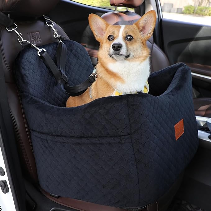 Dog Car Seats-Memory Sponge and Velvet Pet Booster Car Seat,Safety and Comfy,Ride Height 6" Elevated Enough to See Out the Window,Both Front and Back Seats Apply,Esay to Install and Clean.(H-Black) by VERGODPRODogCarSeatBed