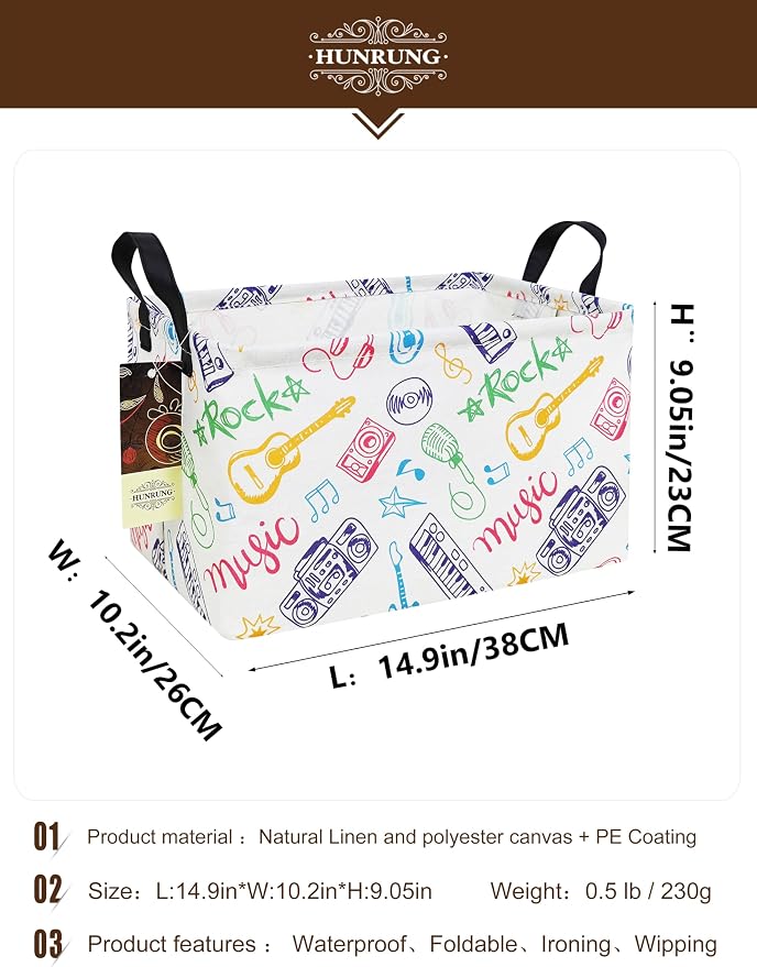 Rectangle Canvas Foldable Storage Basket for Nursery,Musical instrument | Portable and collapsible cloth receptacle. Stores pet essentials, daily use items - Image 2