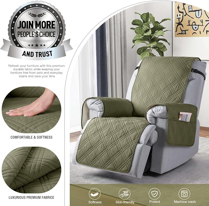 TAOCOCO 100% Waterproof Recliner Chair Cover, Non Slip Recliner Covers for Recliner Chair with Pocket, Washable Reclining Chair Cover Furniture Protector for Kids,Dogs(23.6'', Green) - Image 3