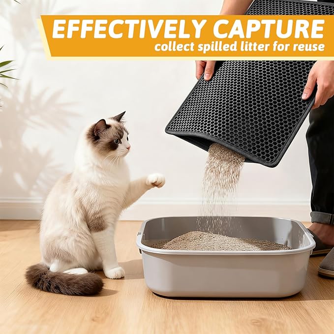 Pieviev Litter Mat, Double-Layer Waterproof Trapping Mat, 24" x 15" Black | Honeycomb Design Catches Scattered Particles to Stop Tracking, Urineproof Base Protects Floors, Easy to Clean - Image 3