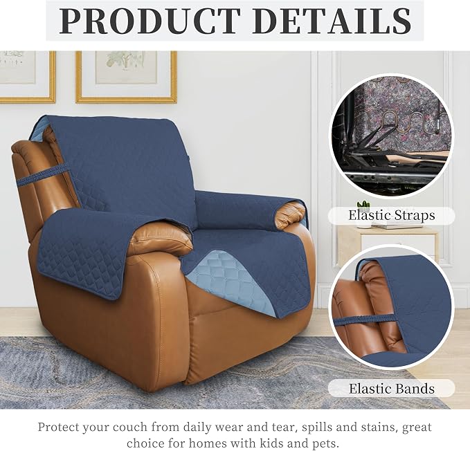 ISSUNTEX Double Protection 100% Waterproof Recliner Covers for Living Room, Reversible Furniture Protector Recliner Couch Sofa Slipcover for Dogs, Pets, Kids (Oversized Recliner, Dark Blue/Light Blue) - Image 5