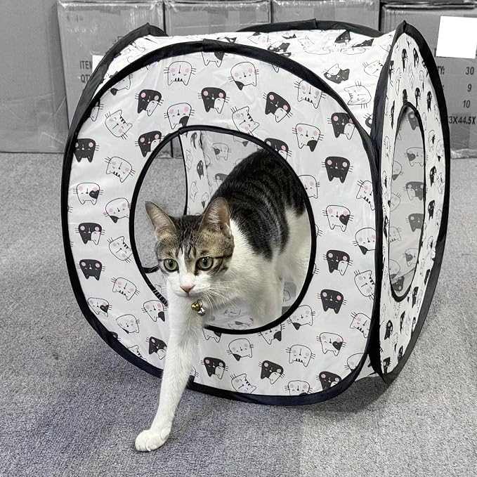 Andiker Cat Tent, 3 Holes Safe and Strong Cute Cats Tunnel Collapsible Easy to Carry Cat House for Indoor Cats Kittens Hiding Playing Training Sleeping (Square Black) - Image 2